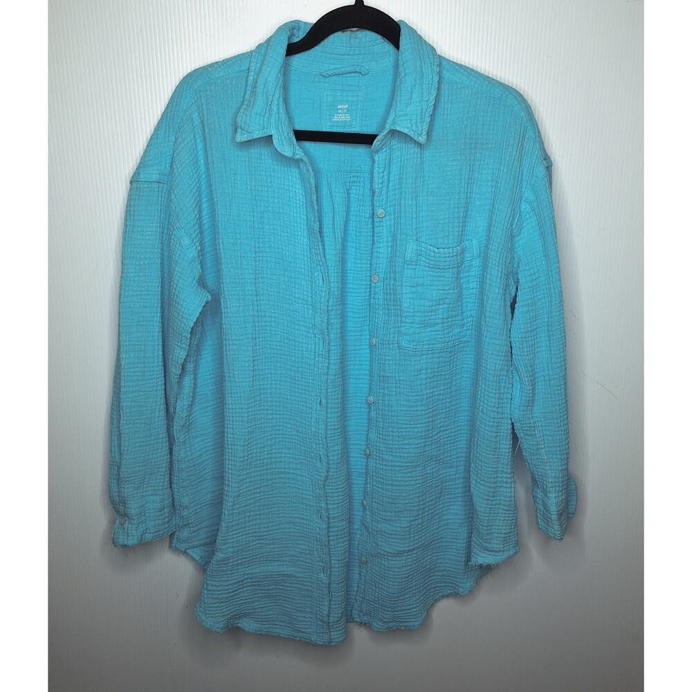 Aerie Gauzy Coverup Shirt XS Big Sur Aqua Collared Button Down Lounge Cotton
